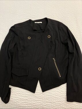 CAbi Black Asymmetrical Moto Ponte Knit Jacket with Gold Eyelet & Zip Size Small